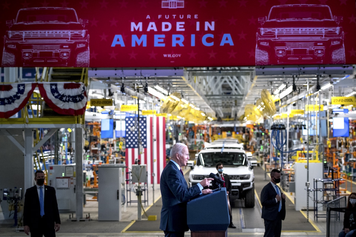 President Joe Biden speaks at General Motors' Factory ZERO electric vehicle assembly plant in Detroit, Michigan in 2021