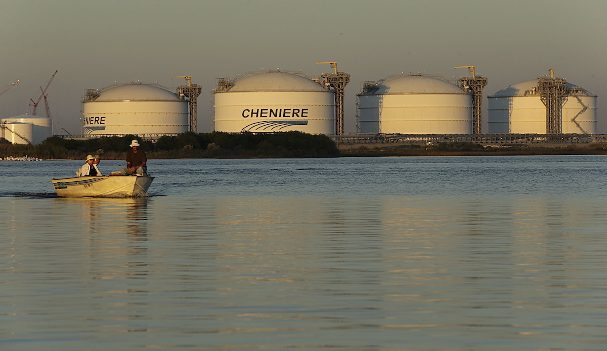 Liquefied natural gas company Cheniere operates the Sabine Pass LNG terminal, shown by the water in Port Arthur, Texas