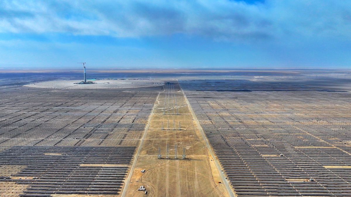 Aerial view of solar panels at the construction site of a photothermal power plant Jiuquan, Gansu Province of China