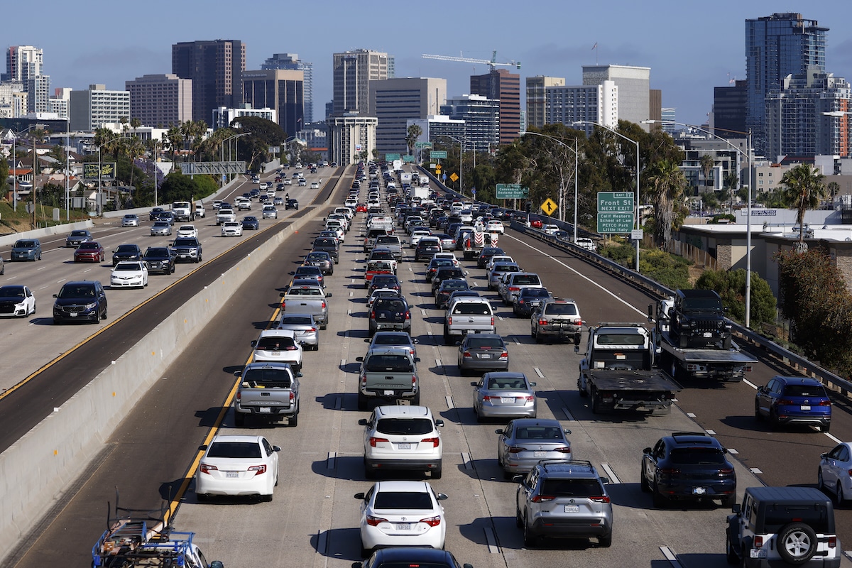 Traffic on southbound Interstate 5 during the afternoon commute heading into downtown San Diego